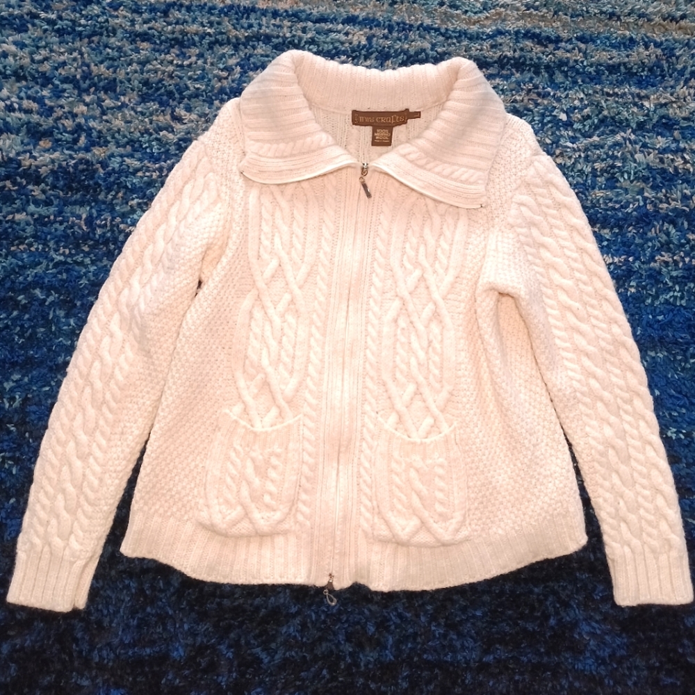 Inis Crafts 100% Wool Beige Full Zip Up Heavyweight Women's Sweater